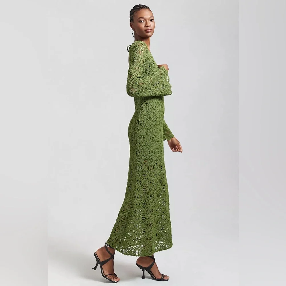 Significant Other 4 Green Crochet Imogen Maxi Dress Bell Sleeves - Picture 2 of 9